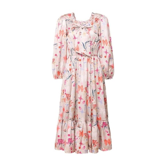 Ivy City Co XL Dress Midi Ruffle Bow Star Floral Print Satin Long Sleeve - Picture 2 of 14